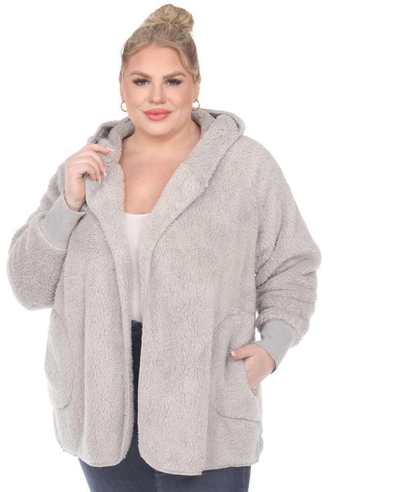 Front of a model wearing a size 1X/2X Plush Hooded Cardigan with Pockets in Grey by White Mark. | dia_product_style_image_id:247459